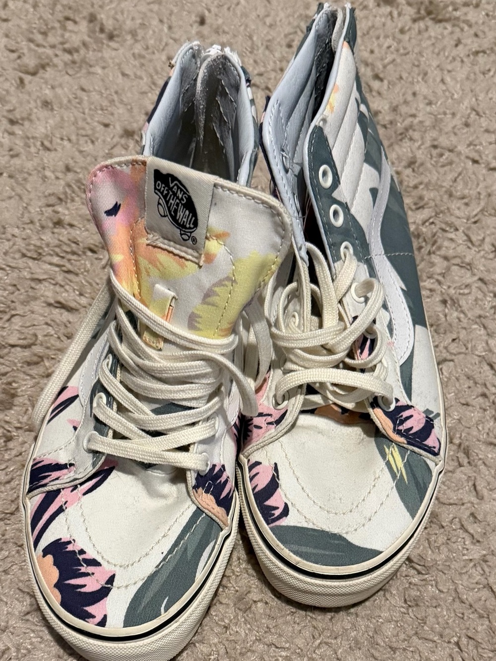Vans High-Top Floral Canvas Sneakers in Cream, Pink & Green